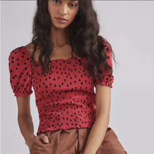 Anthropologie Dolan Smocked Red And Black Polka Dot Top Size S